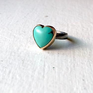 Sleeping Beauty Turquoise Heart Ring in 14k Gold-filled Bezel on Blackened Sterling Silver Comfort Fit Band 