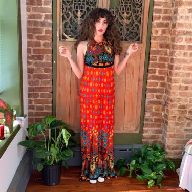 60’s PSYCHEDELIC MAXI DRESS - very long- floral - halter - low back - medium 