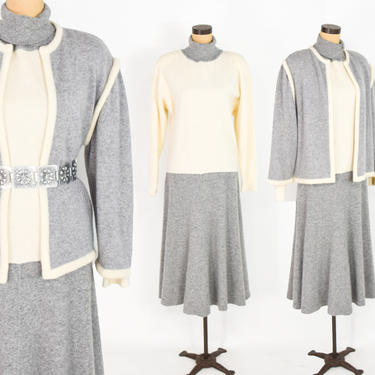 1980s Gray Cashmere Wool Dress &amp; Cardigan  | 80s Gray White Sweater knit Dress Jacket Set | Roccobarocco | Large 