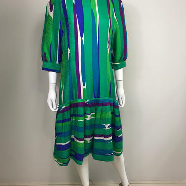 Vtg 80s silk abstract print dress avant garde M 