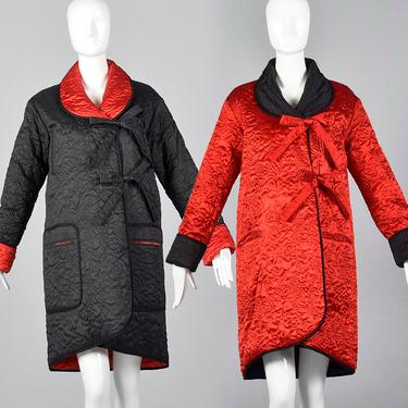 Medium 1980s Sonia Rykiel Reversible Quilted Coat Reversible Outerwear Floral Quilted Detail Red Black 80s Vintage 