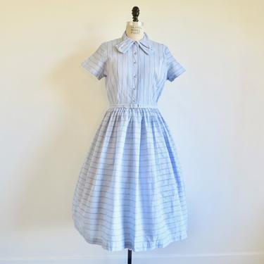 Vintage 1960's Light Blue and White Gingham Plaid Shirtwaist Fit and Flare Day Dress Full Skirt Rockabilly Swing Coquette 31&quot; Waist Medium 