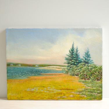 Vintage Landscape Painting of the Ocean, Grass, and Tress, 16&quot; x 12&quot; Oil on Canvas Signed Original Vintage Oil Painting 