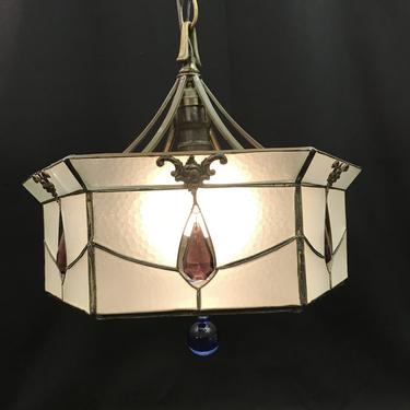 Leaded Glass Ceiling Light 1930's Purple Blue Frosted Glass Hall Lantern Rewired 