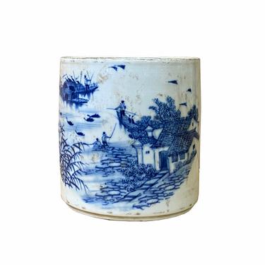 Chinese Distressed White Porcelain Blue Scenery Graphic Holder Vase ws1844E 