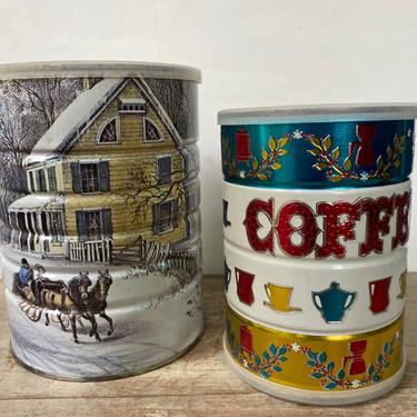 Vintage Coffee Cans, Set Of 2, Hills Bros. Currier And Ives Snow Scene, Butternut Jewel Tones Coffee Tin, Both With Plastic Lids 