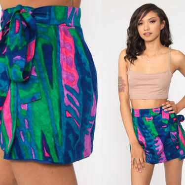 70s Mini Skirt Neon Hawaiian Skirt Wrap High Waisted Skirt Boho Mod 1970s Hippie Bohemian Blue Retro Vintage Extra Small xs 0 