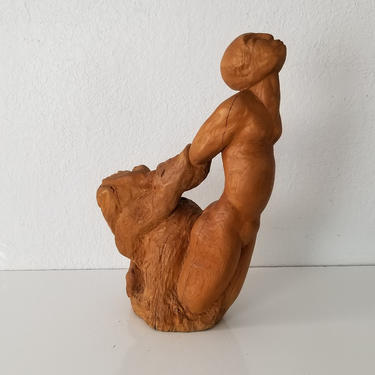 Mid-Century Art Hand Carved Wood Figurative Abstract Sculpture . 