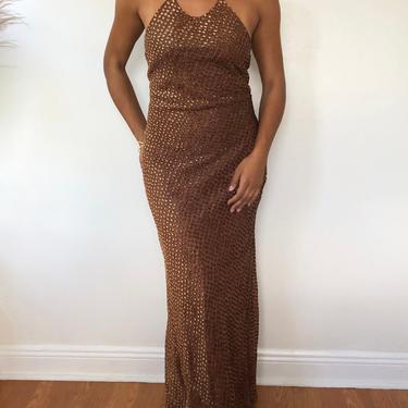 vintage brown and gold tinsel gown, L 