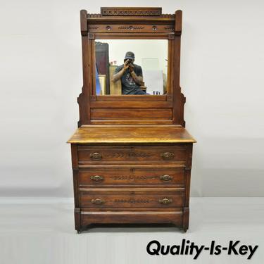 Antique American Eastlake Victorian Walnut 3 Drawer Dresser Chest with Mirror