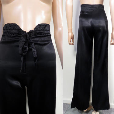 Vintage Inky Black Liquid Satin High Waist Wide Leg Loungewear Tap Pants Size XXS 24 Waist 