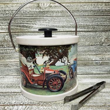 Vintage Justen Antique Cars Ice Bucket &amp; Box, Old Timer Cars, 1970s Wet Bar Classic Car Automobile Barware, Party Supplies, Vintage Barware 
