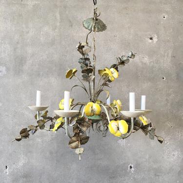 Vintage Italian Tole Chandelier with Yellow Flowers