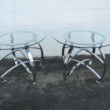 Hollywood Regency Mid Century Pair of Chrome Glass Top Side Tables 2475
