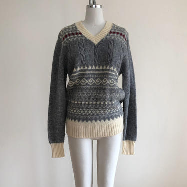 Grey V-Neck Fairisle Pullover Sweater - 1970s 
