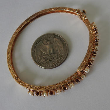 14K Etched Gold, Garnet, Pearl Bangle/ Cuff Bracelet 