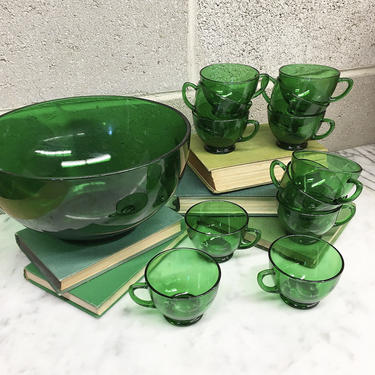 Vintage Punch Bowl Set 1950s Mid Century Modern + Anchor Hocking + Emerald Green + Glass + Set of 12 Cups + Servingware + Kitchen Decor 