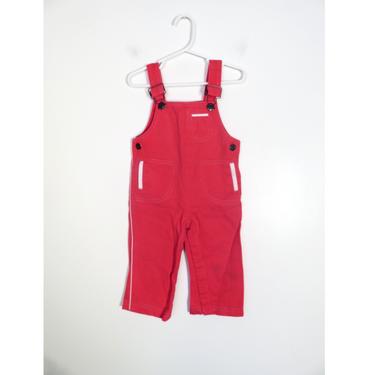 Vintage 70s/80s Kids Bright Red Cotton Overalls With White Pinstripe And Pocket Details Size 18M 