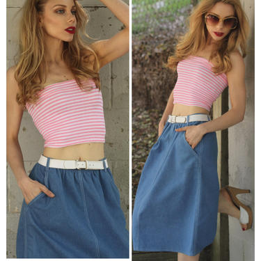 Vintage 80s Super Chic Denim Circle Party Jean Skirt A line size Medium 