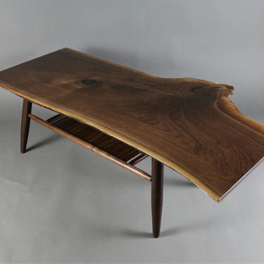 Custom Walnut live edge slab coffee table with shelf Mid Century style 