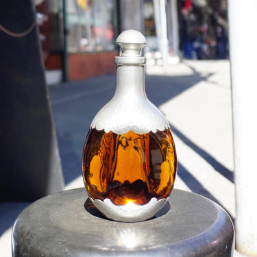 Vintage KMD Royal Holland Daalderop Pinched Amber Glass & Hammered Pewter Decanter Bottle w/ Stopper, Mid Century Modern, Made In Holland 
