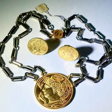 Vintage Miriam Haskell Coin Necklace and Earrings with Original Tag 