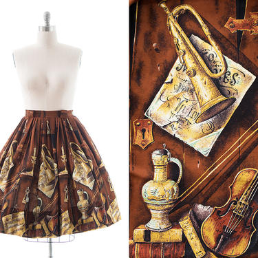 Vintage 1950s Skirt | 50s Novelty Border Print Sheet Music &amp; Instruments Brown Cotton Pleated Full Swing Skirt (medium) 