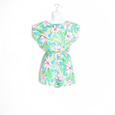 vintage 80s romper blue hawaiian floral print one piece outfit playsuit shorts S clothing 