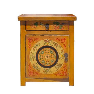 Chinese Oriental Distressed Mustard Yellow Graphic End Table Nightstand cs5767E 