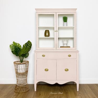 NEW - Vintage Pink and White Display Hutch, Farmhouse China Hutch, Shabby Chic Cabinet 