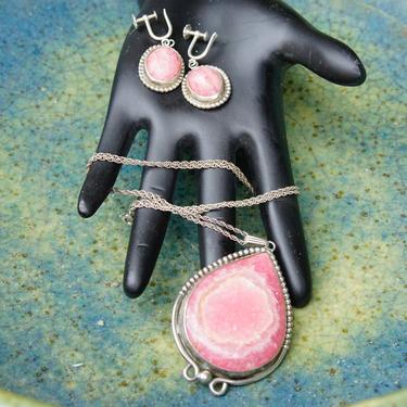 Vintage Sterling Silver &amp; Pink Rhodochrosite Teardrop Pendant Necklace Earring Set, Dangle Clip On Earrings, Danish Modernist, Peter Ernst 