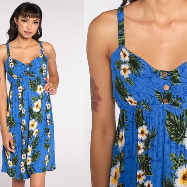 90s Hawaiian Babydoll Dress Mini Floral Summer Sundress EMPIRE Waist 1990s Vintage Boho Sleeveless Sun Blue Minidress Small Medium xs 