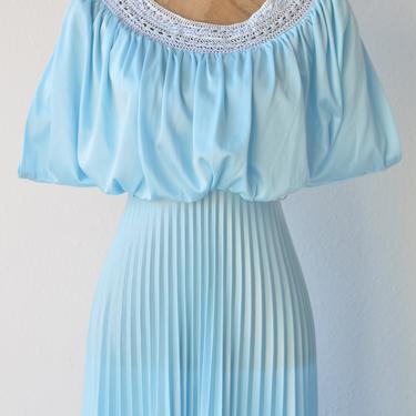 70s Vintage ICE BLUE GRECIAN Goddess Gown, Crochet Accordion Pleated Maxi Dress, Wide Scoop Neckline, Raglan Ruched Kimono Sleeves Polyester 