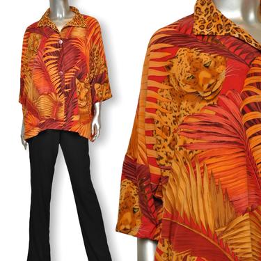 Vintage Red and Orange Silk Leopard Print Blouse Size L Exotic Animal Print 