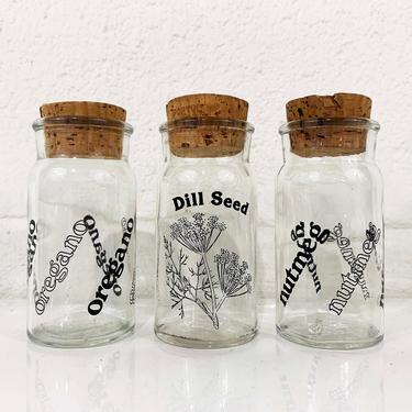 Vintage Glass Spice Jars Oregano Nutmeg Dill Seed MCM Cork Top Dried Spices Mid Century Retro Kitchen 1970s 70s 