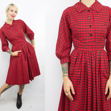 Vintage 50's Red and Black Plaid Cotton Dress / 1950's Peter Pan Collar Dress / Holiday / Fall / Women's Size XXXS / 22&amp;quot; Waist by Ru