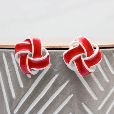 Vintage 1980s Red & White Knot Earrings - Metal Enamel Celtic Knot Earrings 