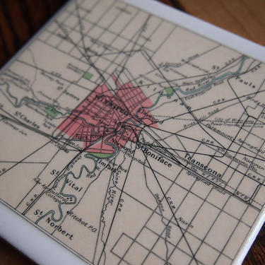 1922 Winnipeg Canada Handmade Repurposed Vintage Map Coaster - Ceramic Tile - Repurposed 1920s Times Atlas - Manitoba Province 