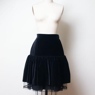 1980s Black Velvet Skirt / 80s Ruffled Skirt Cache 