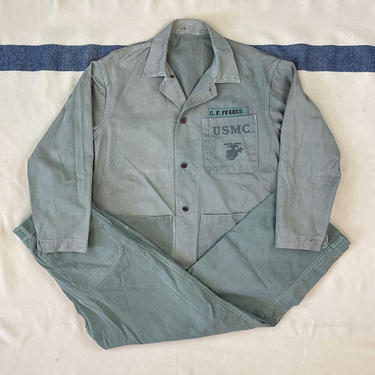 Size 40, 30x30 Vintage 1940s WW2 USMC P-41 2pc Jacket and Pants Herringbone Twill Set, Named 