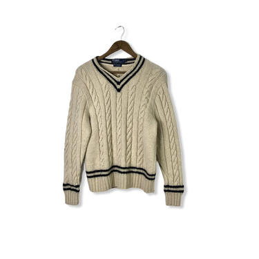 Vintage Cream White Wool Alpaca Ralph Lauren V Neck Varsity Sweater with Elbow Patches, Size XL 