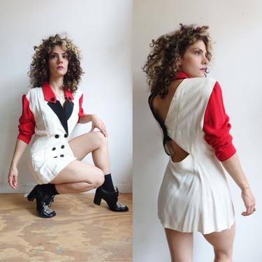 Vintage 80s Backless Color Block Blazer Jacket/ 1980s Avant Garde Alyn Paige Red White Black Double Breasted Blazer/ Size Small Medium 