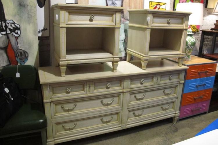 Faux french provincial dresser and night stands. $450 and $110/each.