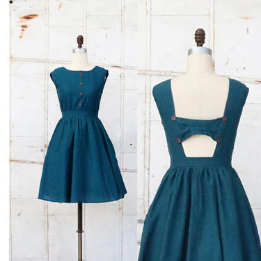 MEADOW | vintage style teal cotton sundress with pockets. open back bow dress. Mod retro 1950s inspired summer dress. dark blue party dress 