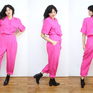 Vintage 90's HOT PINK Jumpsuit / 1990's Bright Jumpsuit with pockets / Spring / Women's Size Large - XL 