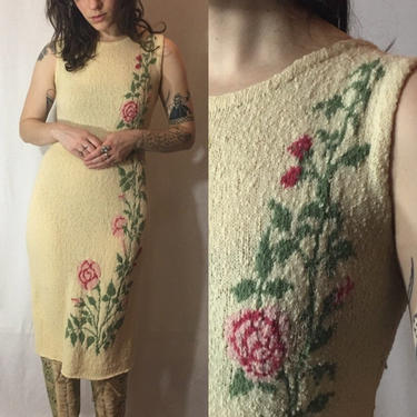 Vintage 1950s/1960s Hand Knit Dress | Floral Rose and Vine Border Print Body Con Midi Dress, Fitted Wiggle Dress, Sweetheart Mod Dress 