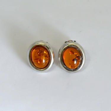 Simple 60's sterling red amber Modernist oval button earrings signed EF, understated 925 silver amber mid-century artisan made post earrings 