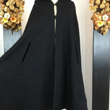 1960s black cape, vintage 60s cape, 1960s cloak, hooded cape, black wool cape, gothic coat, frog closure, swing cape, victorian style 