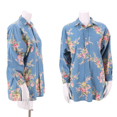 80s Ralph Lauren rose print Blouse 4  / vintage 1980s Polo blue cotton tunic top S-M 