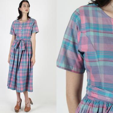 80s Rainbow Plaid Pockets Dress / Pastel Checker Print Belted Dress / Vintage 1980s Full Length Skirt / Summer Picnic Waist Tie Midi Maxi 